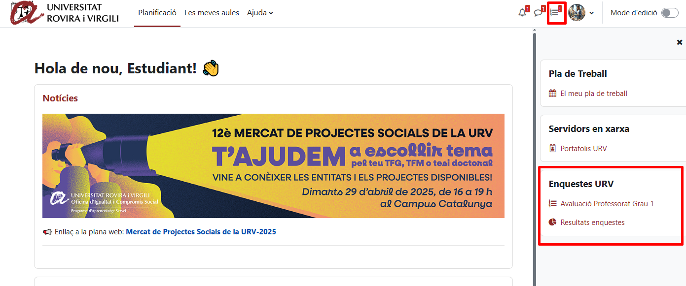 Captura accés a enquestes a través d'icona i bloc com a estudiant