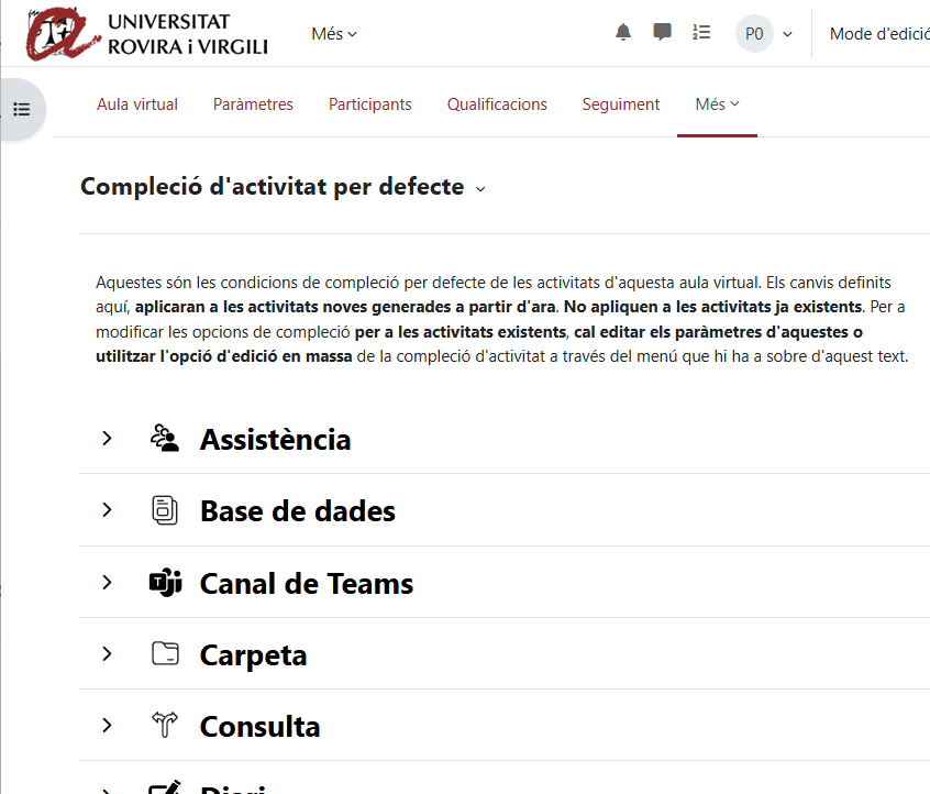 Captura de pantalla Millores en la interfície Compleció d'activitat per defecte.