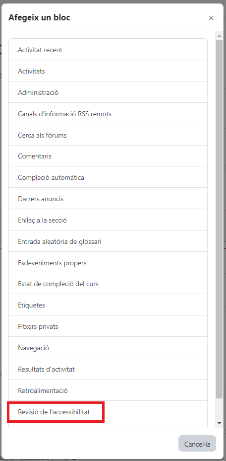 Captura de pantalla Moodle 4 Llistat de blocs destacant Revisió de l'accessibilitat amb un requadre vermell.