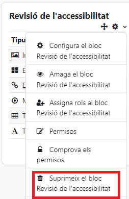 Captura de pantalla Moodle 4. Suprimeix el bloc de revisió de l'accessibilitat es mostra amb un requadre destacat en vermell.
