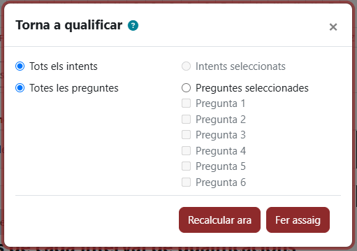 Captura de pantalla Opció de fer una requalificació de preguntes seleccionades