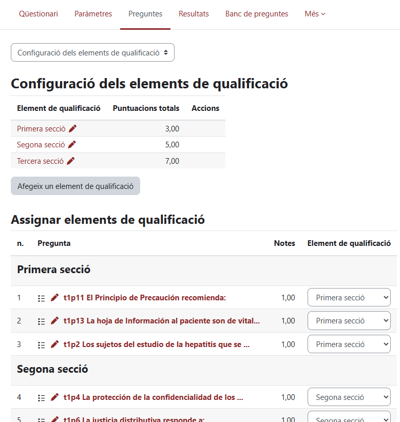 Captura de Pantalla assignació de qualificacions a grups de preguntes dins un qüestionari. Vista configuració.