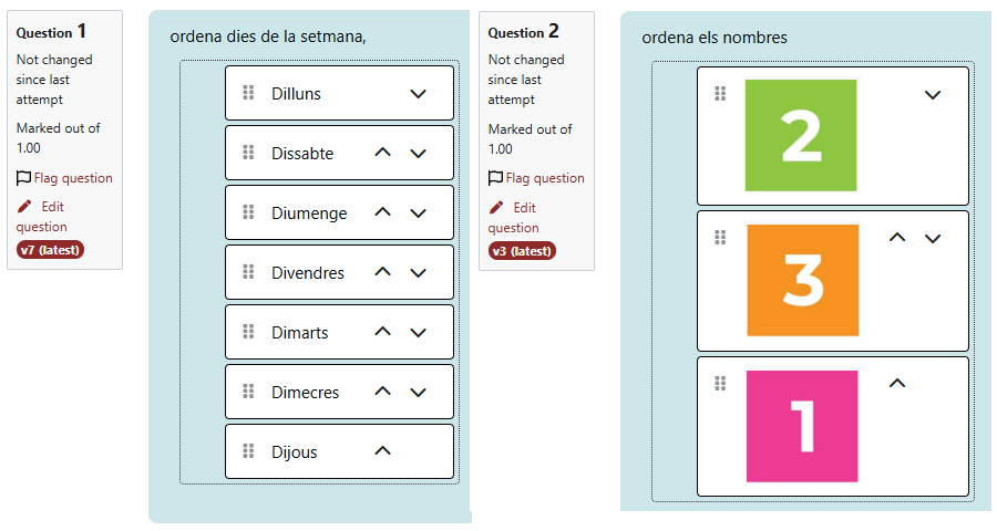 Captura de pantalla Pregunta d’ordenació permet crear preguntes amb paraules o frases o utilitzar imatges