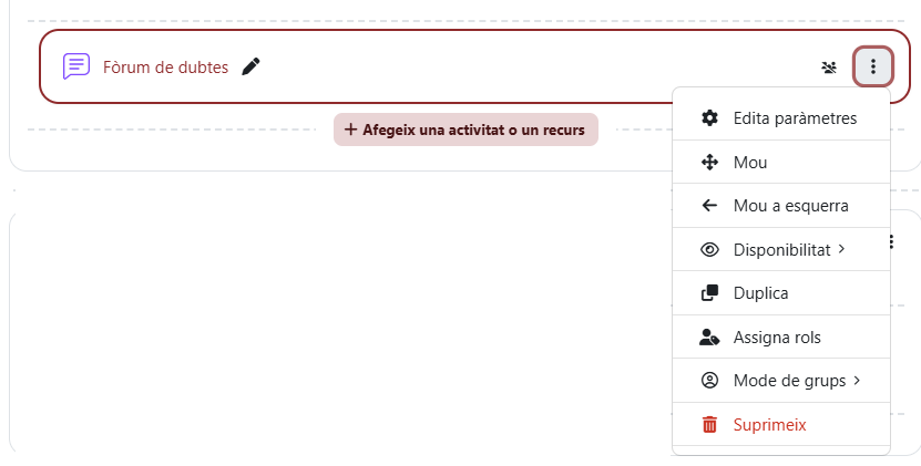 Captura de pantalla Menú desplegable targetes d'activitat