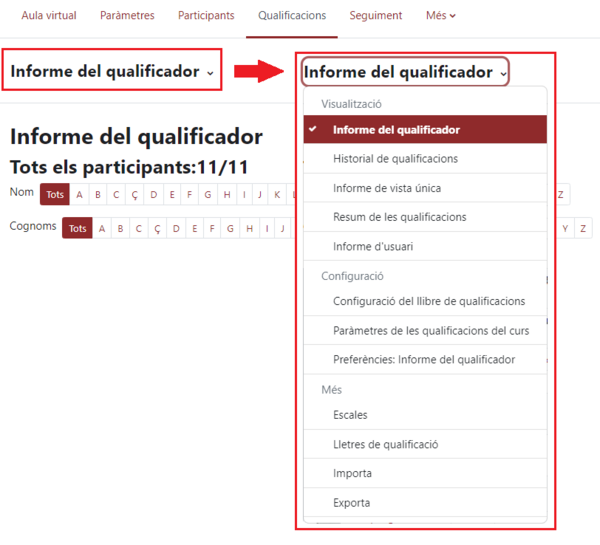 Menú d'opcions del llibre de qualificacions