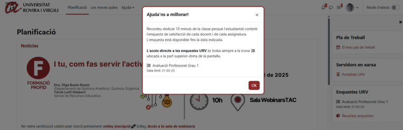 Accés a enquestes (popup) com a docent