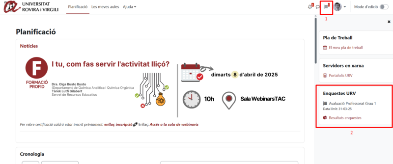 Accés a enquestes (icona i bloc ) com a docent