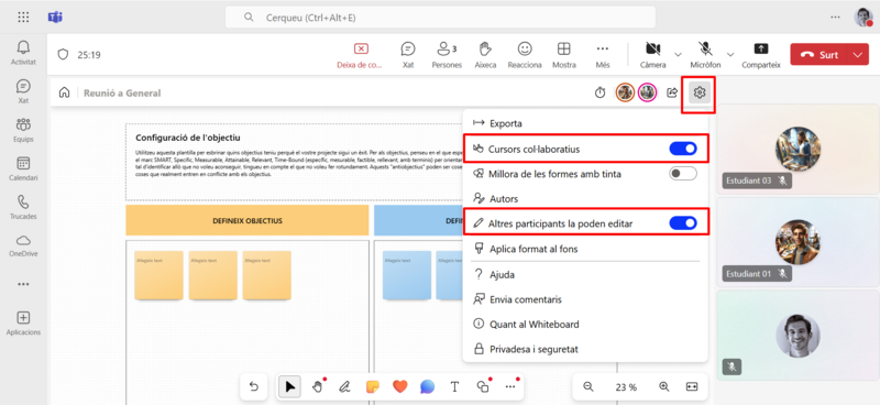 captura de pantalla opció Cursors col·laboratius i Altres participants la poden editar.