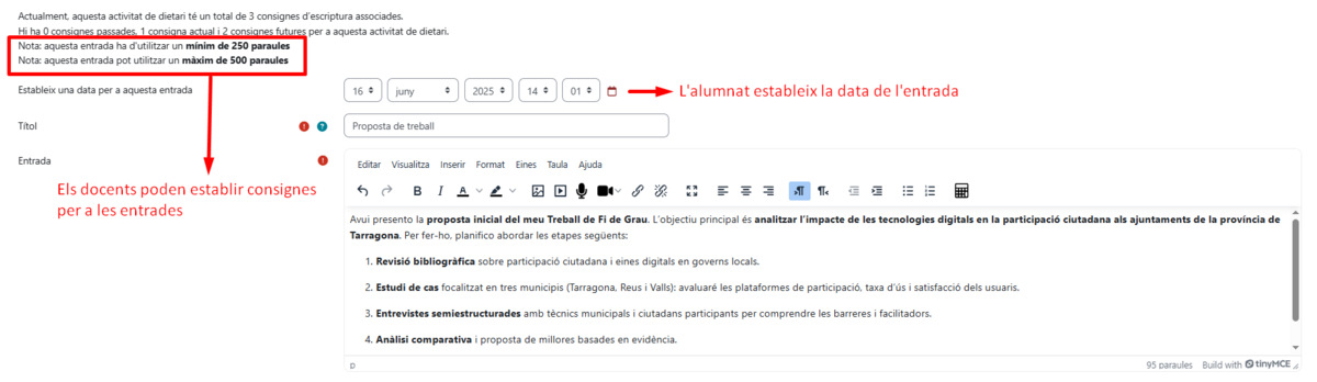Captura de pantalla opcions de configuració de l'activitat Dietari