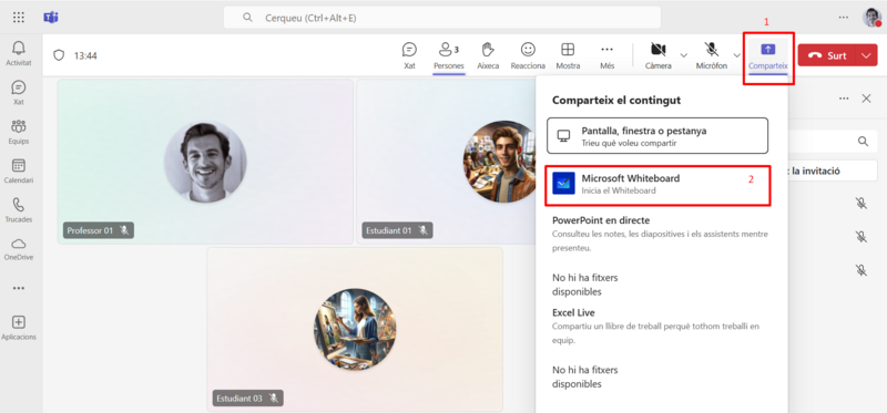 captura de pantalla opció compartir pissarra interactiva en una videotrucada de Teams.