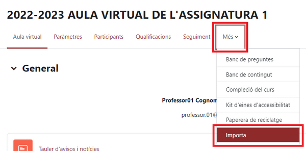 Menú horitzontal mostrant l'opció d'importar