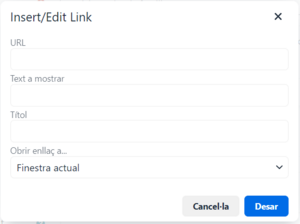 Captura de pantalla inserir o editar enllaç amb l'editor Tiny