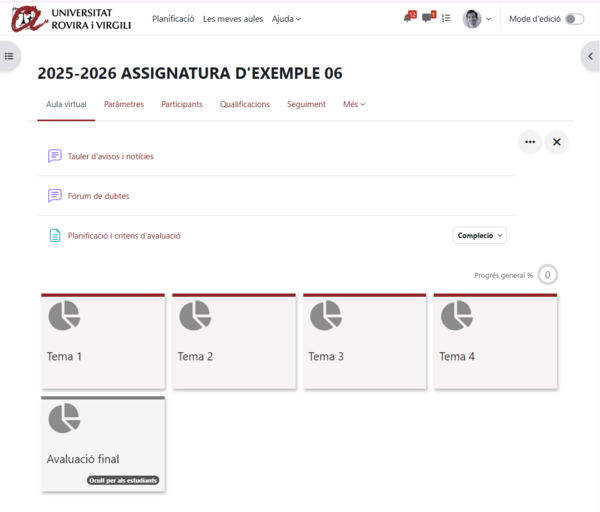 Format de mosaics amb icones per defecte, plana principal de l'aula