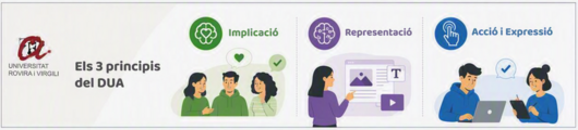 Infografia 3 principis del DUA: Compromís, Representació i Acció i Expressió.